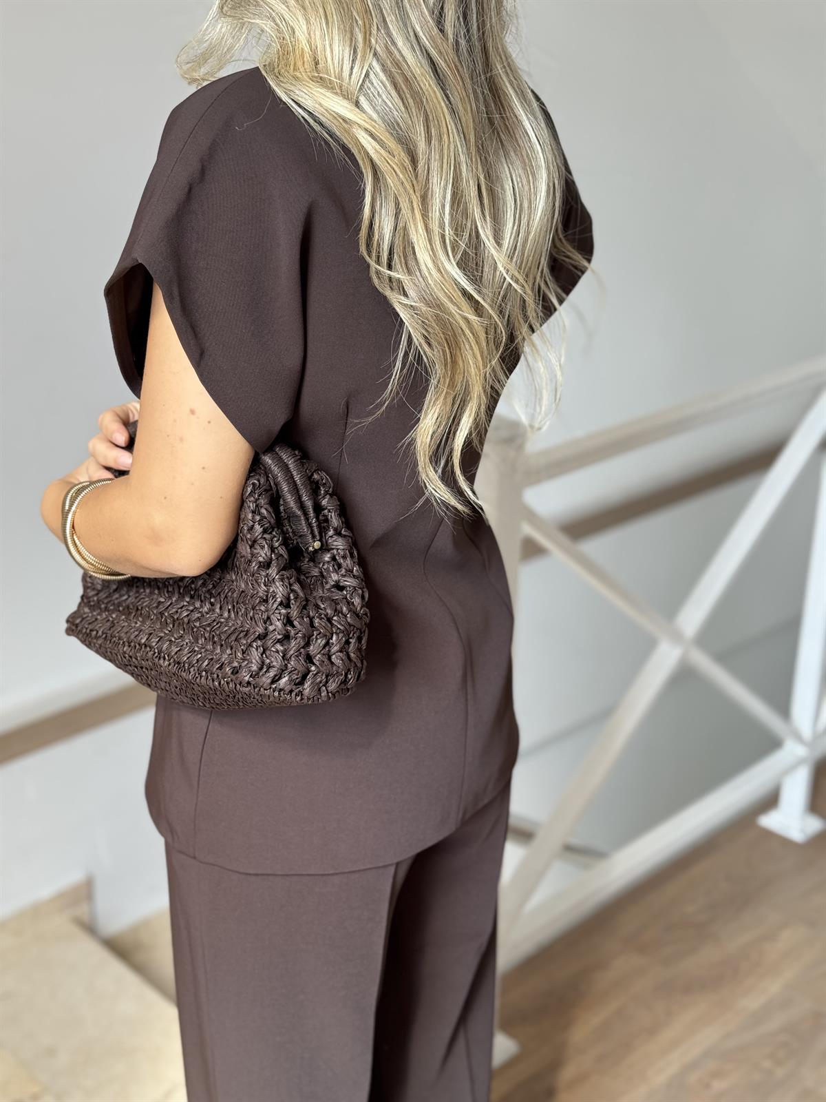 Şal Yaka Gold Düğmeli Premium Takım - Kahve