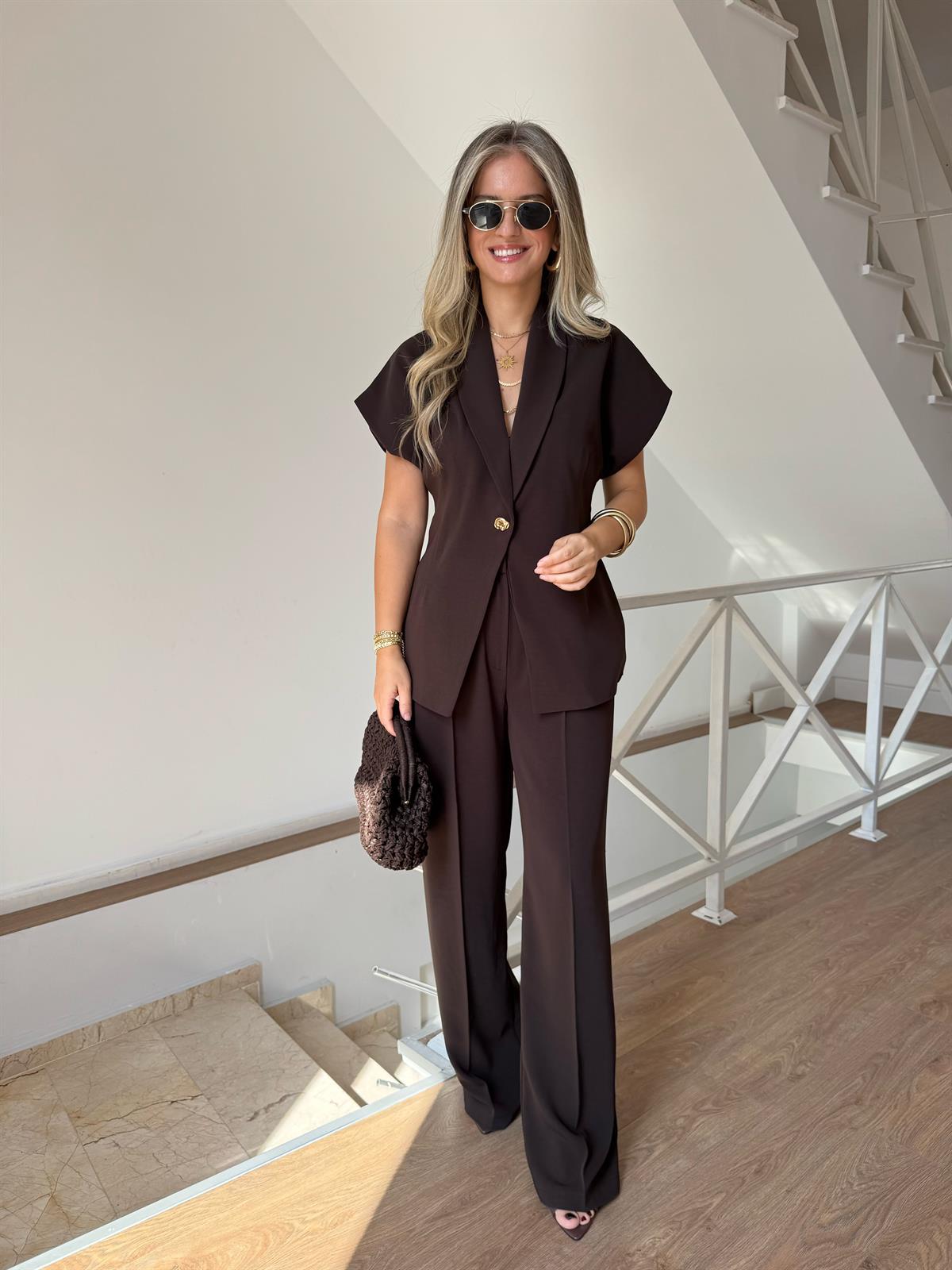 Şal Yaka Gold Düğmeli Premium Takım - Kahve