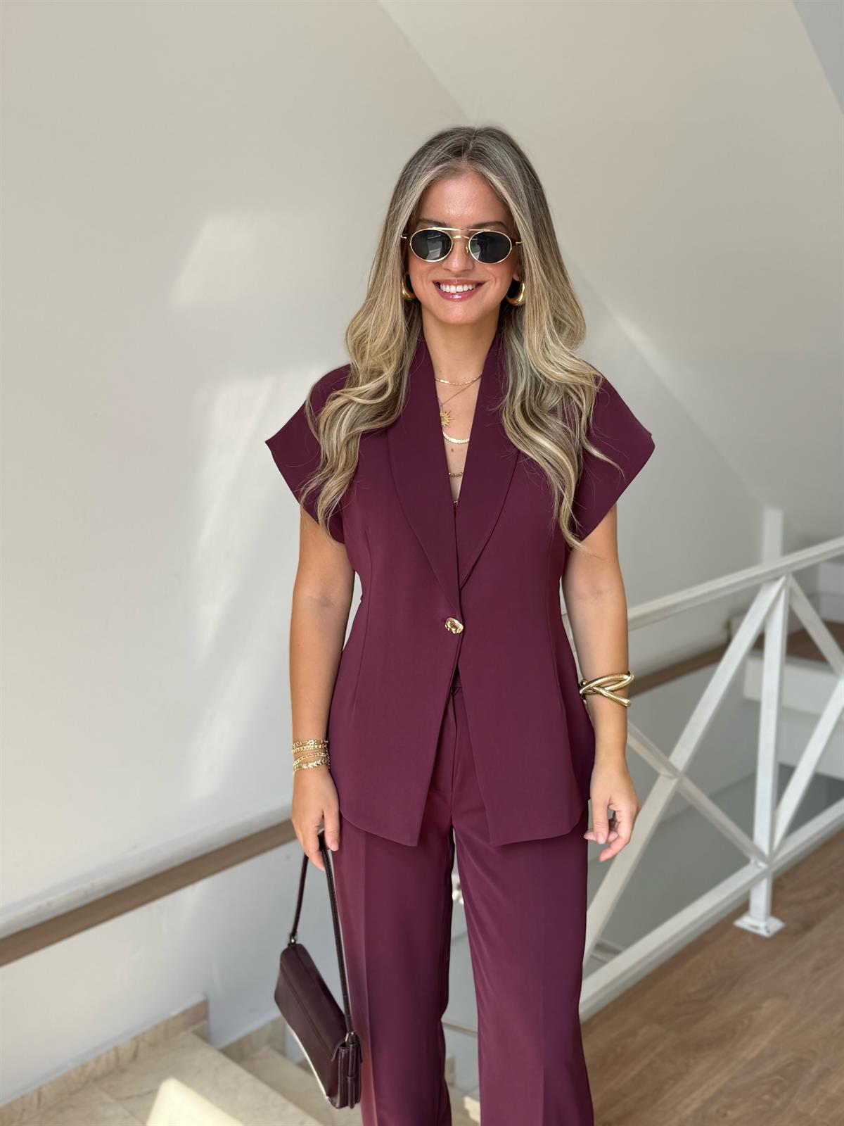 Şal Yaka Gold Düğmeli Premium Takım - Mürdüm