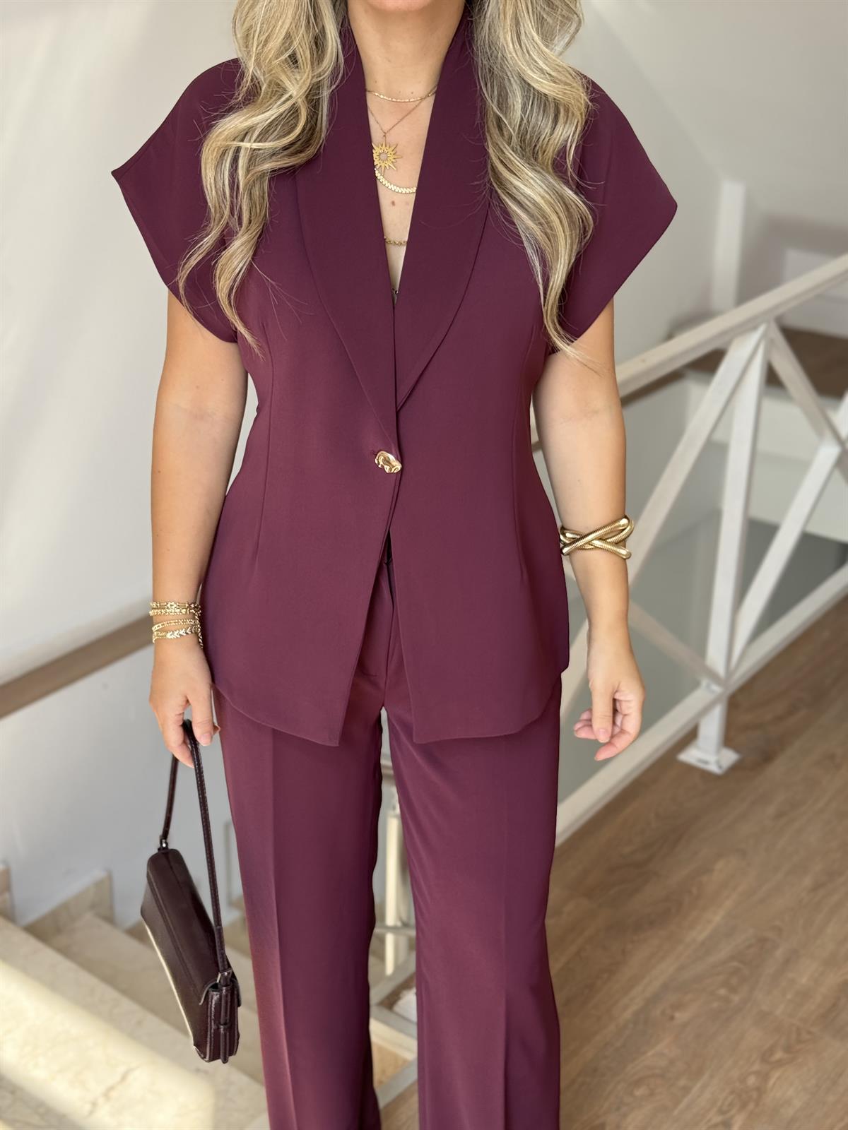 Şal Yaka Gold Düğmeli Premium Takım - Mürdüm