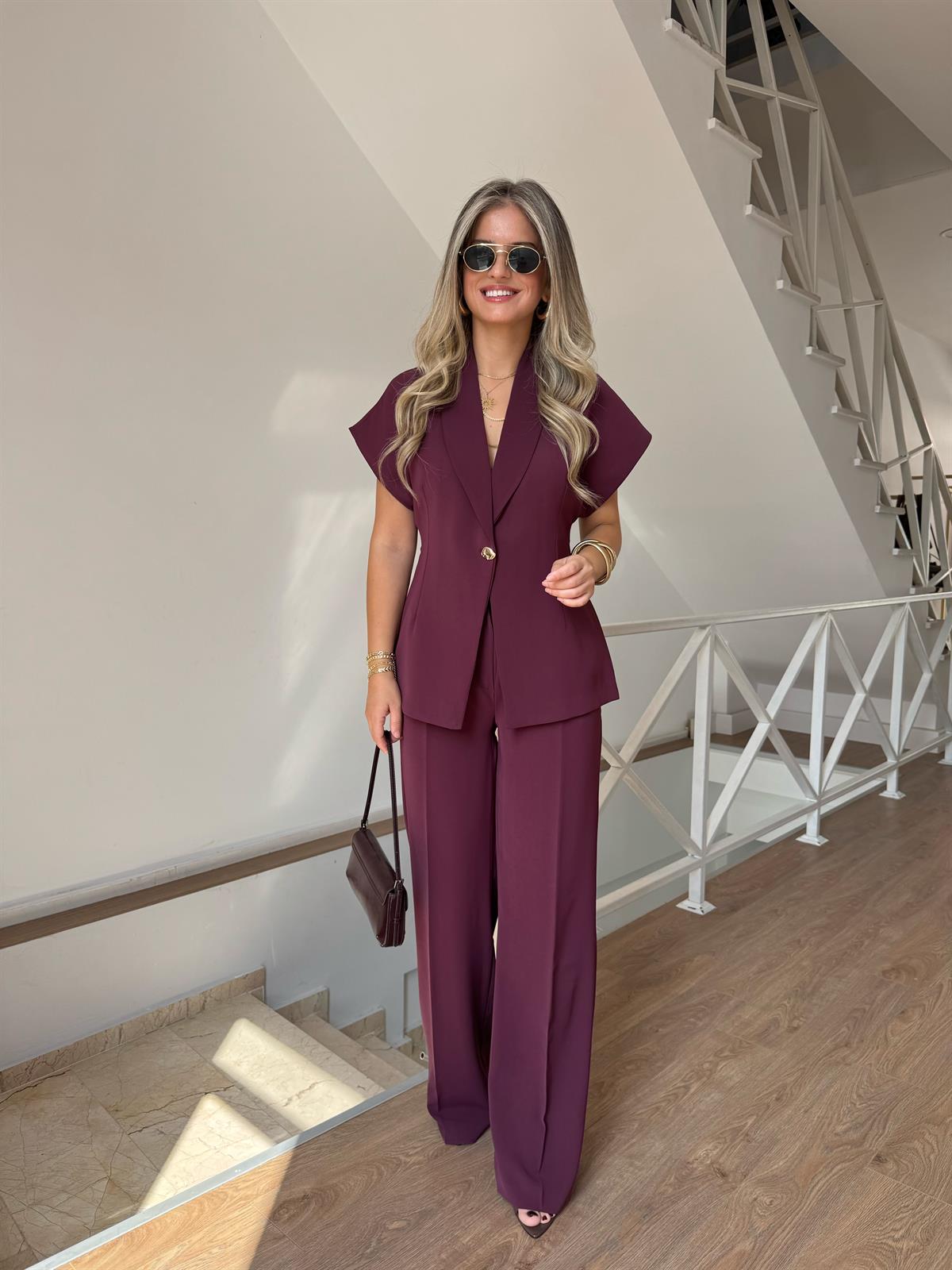 Şal Yaka Gold Düğmeli Premium Takım - Mürdüm