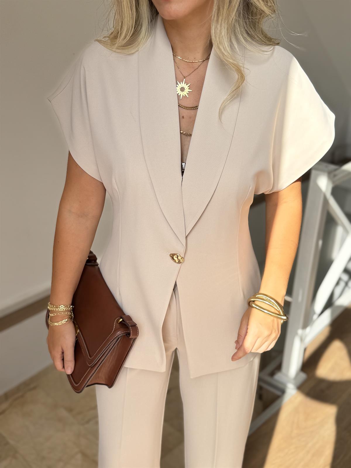 Şal Yaka Gold Düğmeli Premium Takım - Taş