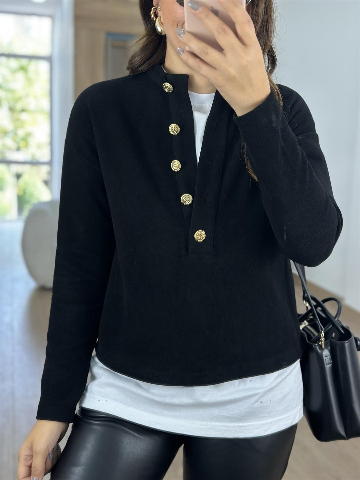Gold Düğmeli Selanik Kumaş Sweat-Siyah