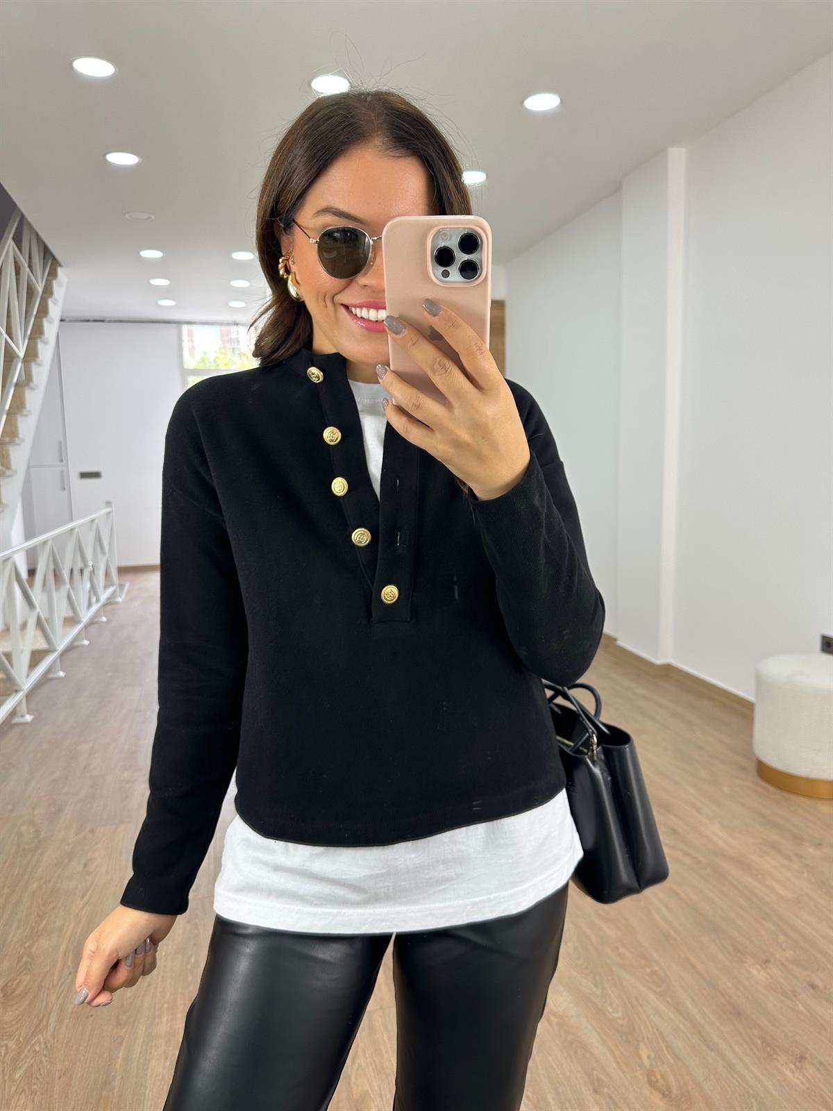 Gold Düğmeli Selanik Kumaş Sweat-Siyah