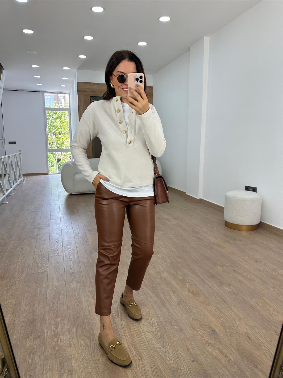 Gold Düğmeli Selanik Kumaş Sweat- Taş