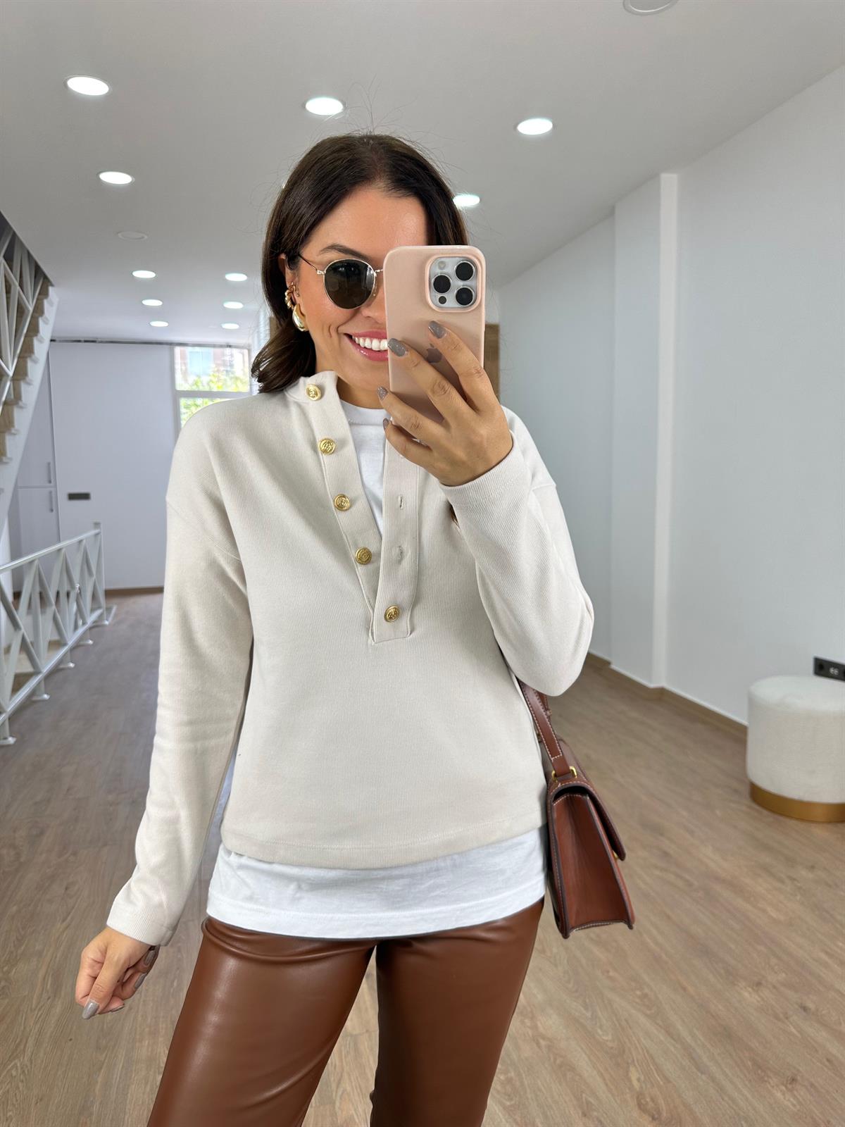 Gold Düğmeli Selanik Kumaş Sweat- Taş