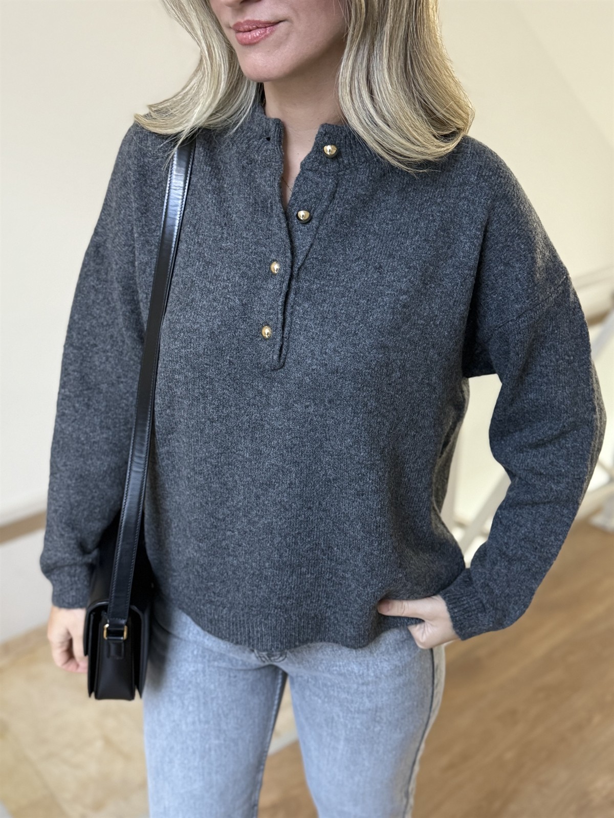 Gold Düğmeli Kazak - Antrasit 