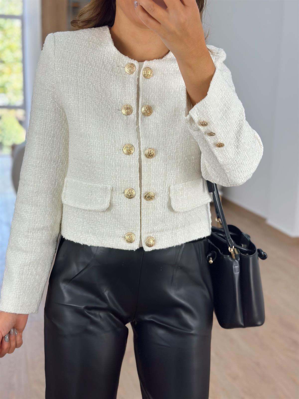 Gold Düğmeli Tüvit Ceket-Beyaz