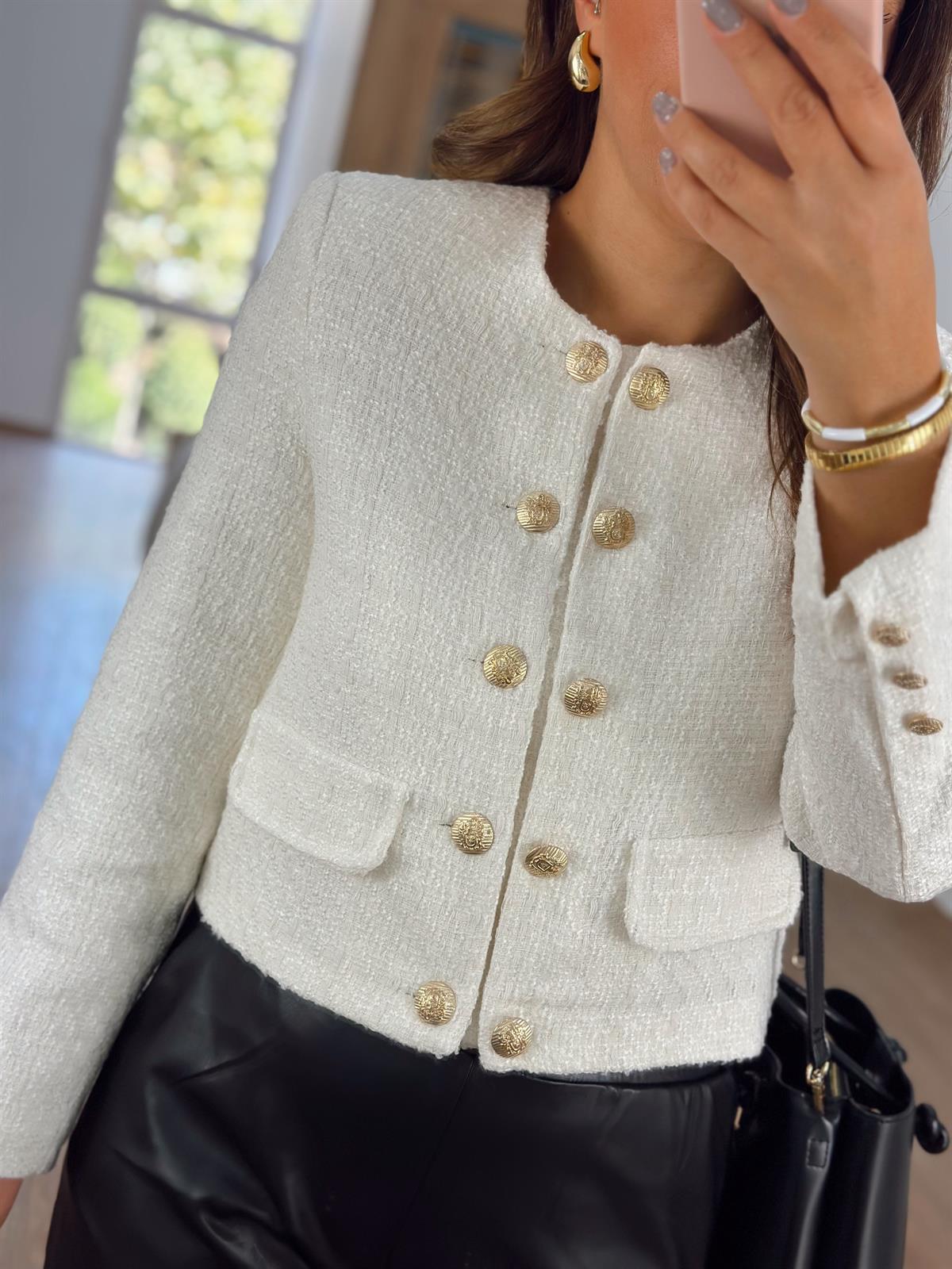 Gold Düğmeli Tüvit Ceket-Beyaz
