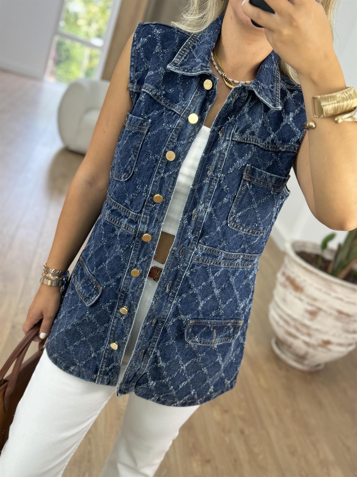 Gold Düğmeli Uzun Denim Yelek
