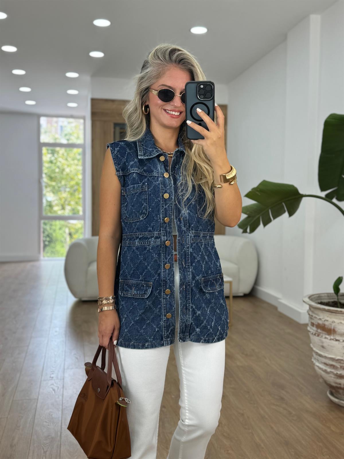 Gold Düğmeli Uzun Denim Yelek