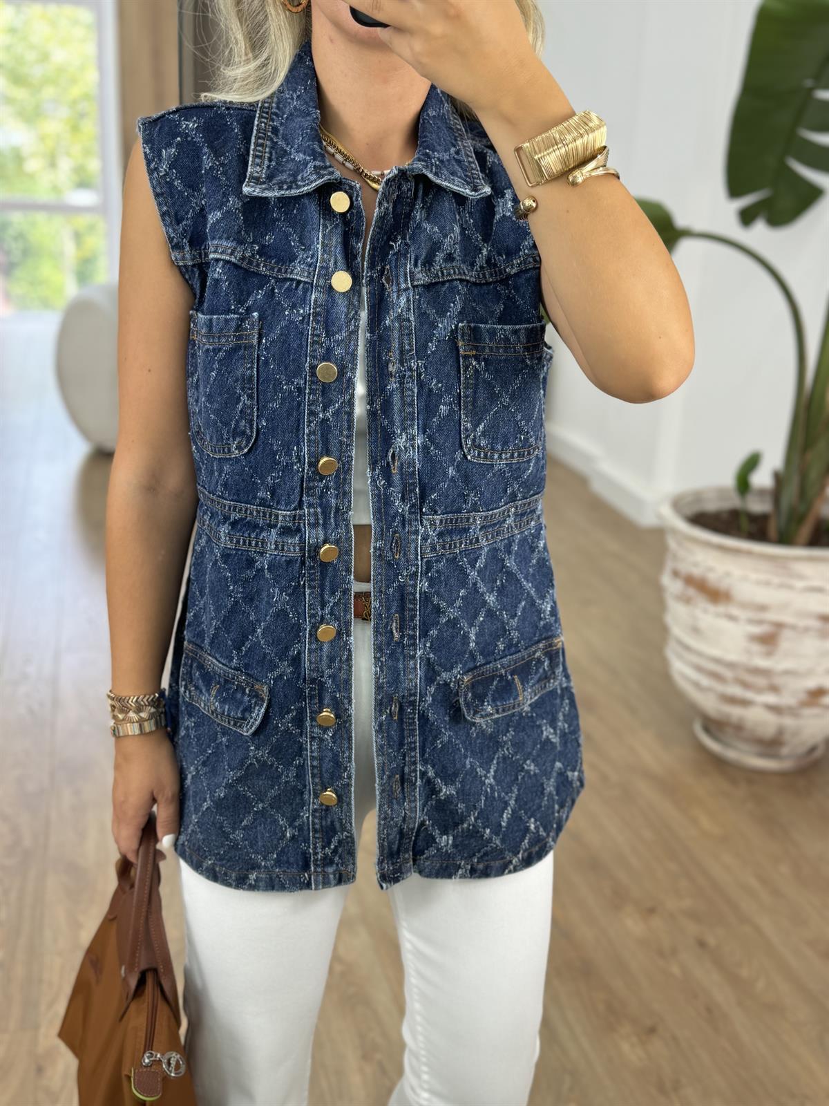 Gold Düğmeli Uzun Denim Yelek