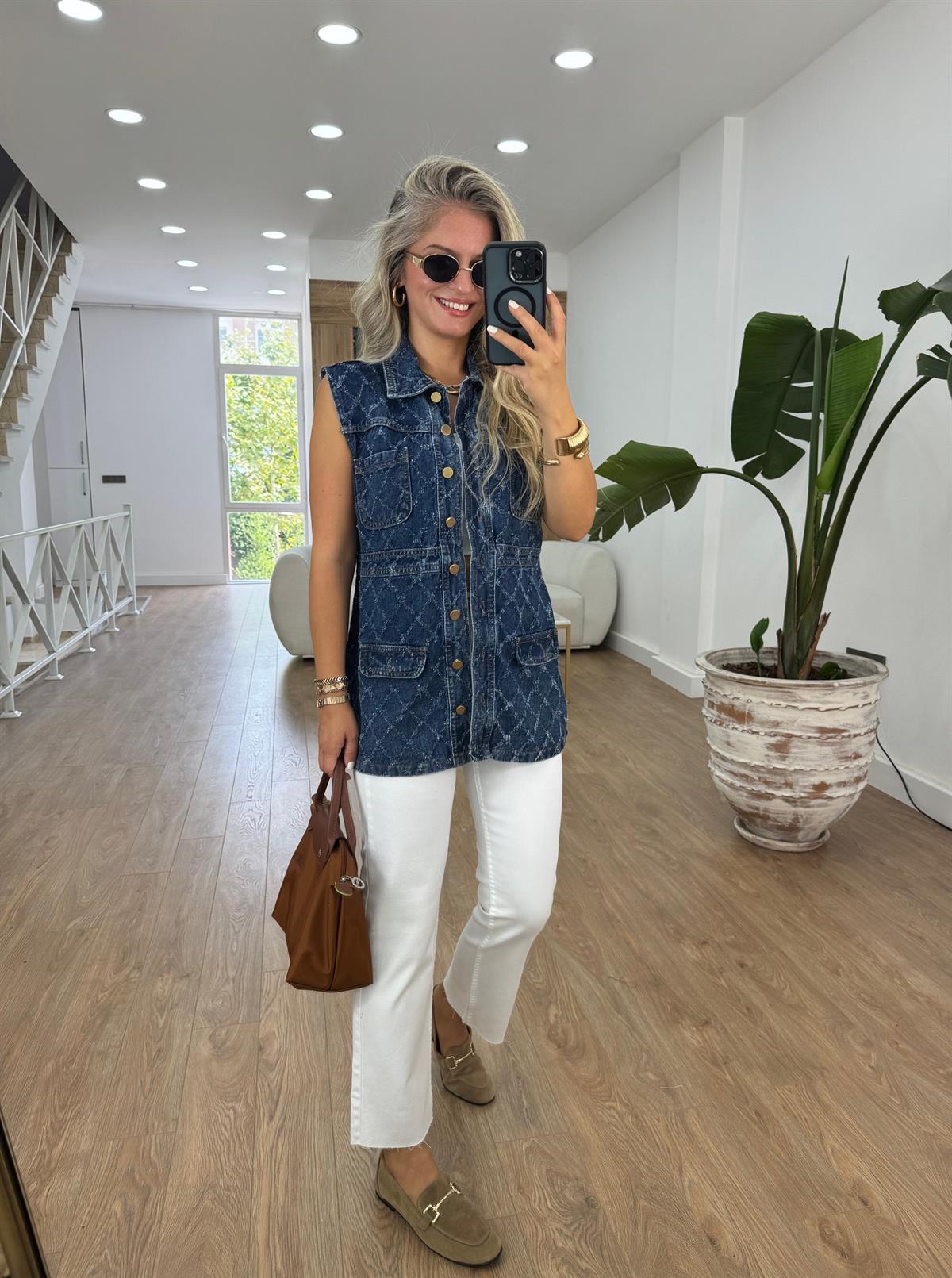 Gold Düğmeli Uzun Denim Yelek