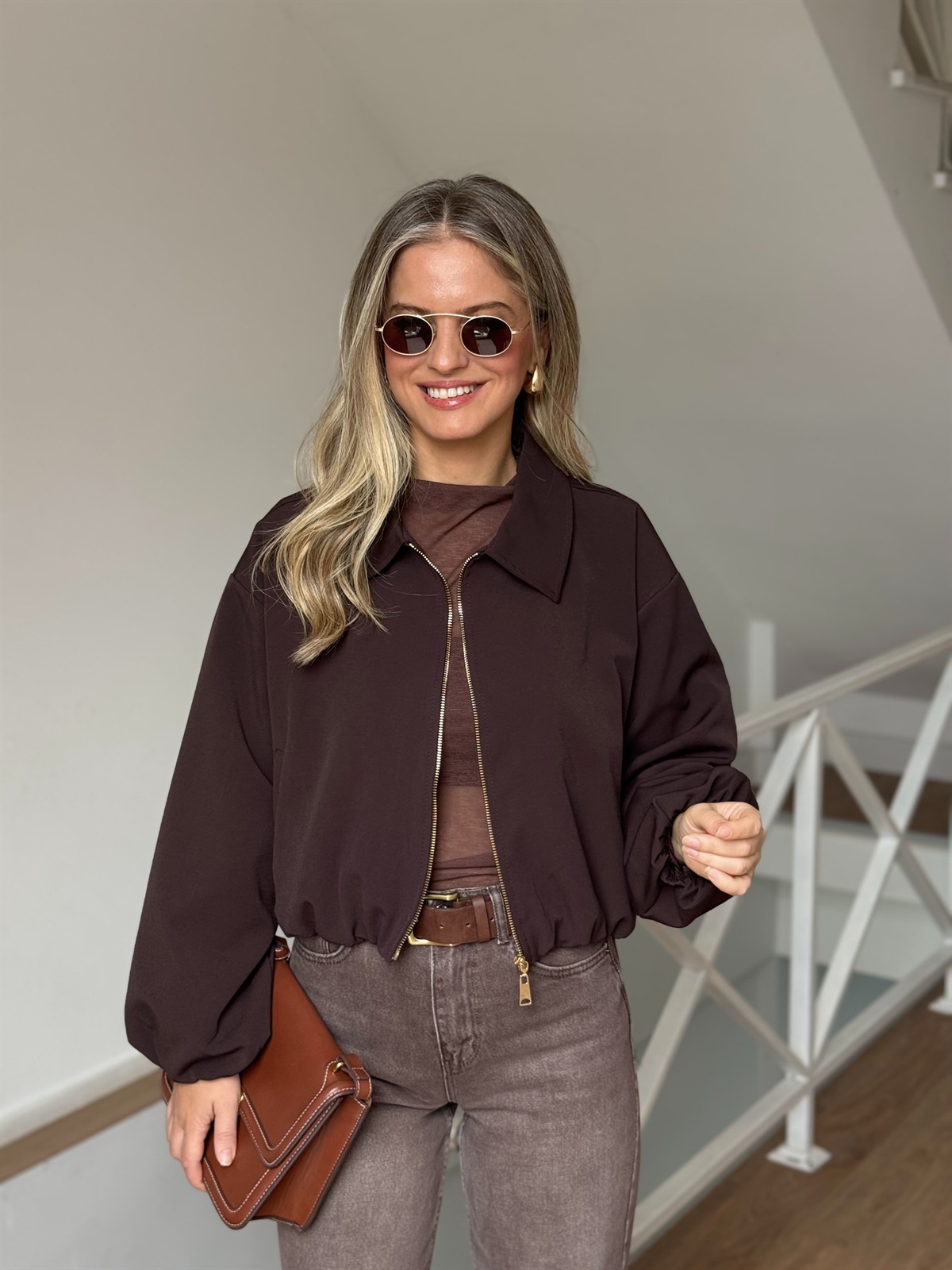 Gold Fermuarlı Bomber Ceket - Kahverengi