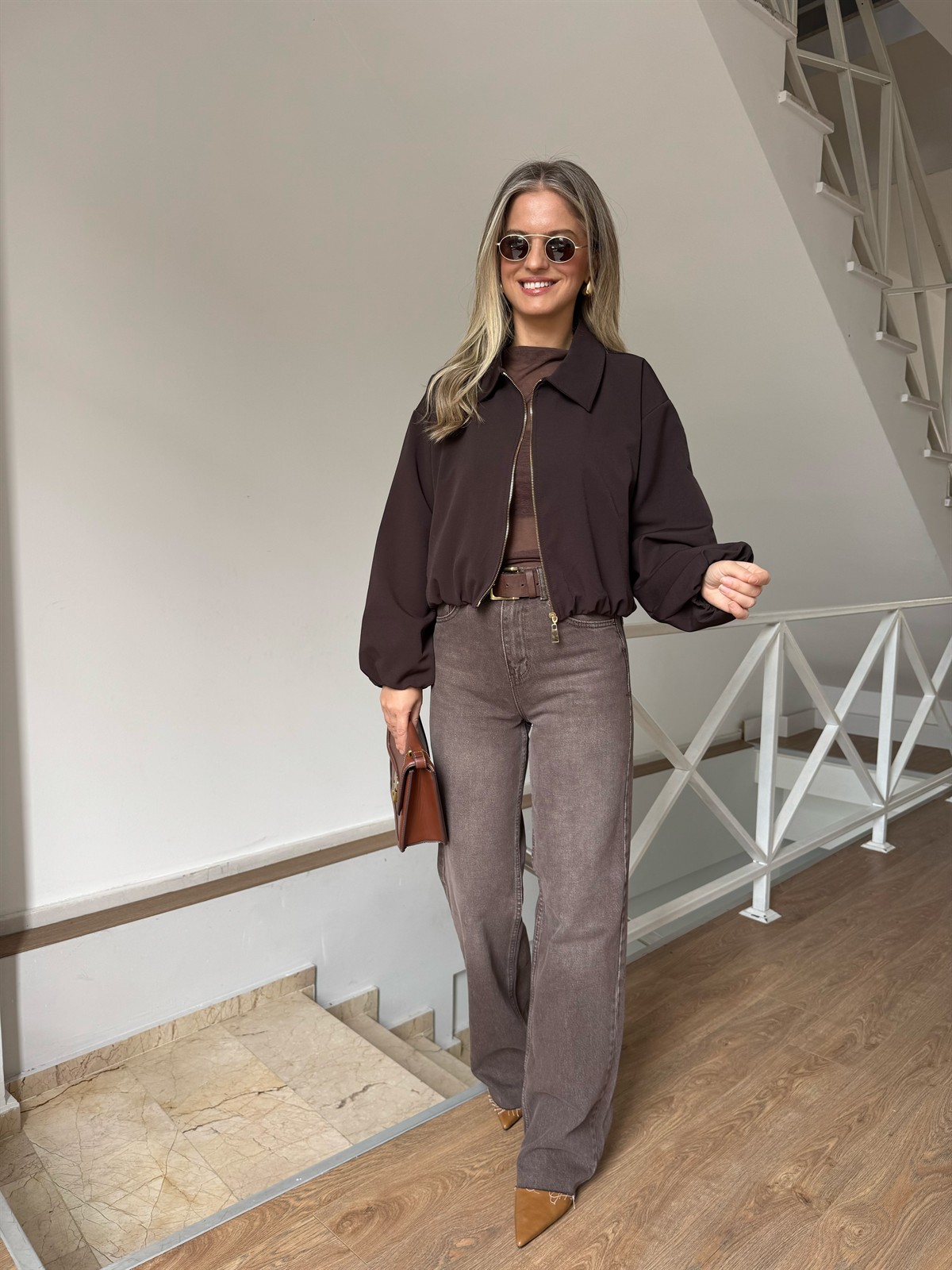 Gold Fermuarlı Bomber Ceket - Kahverengi