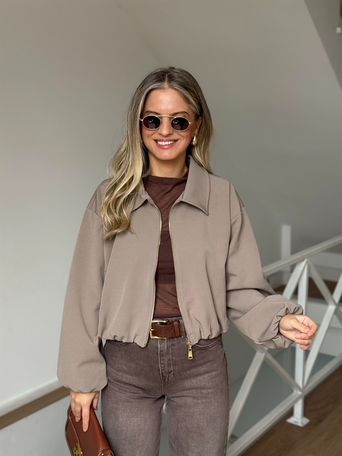 Gold Fermuarlı Bomber Ceket - Vizon