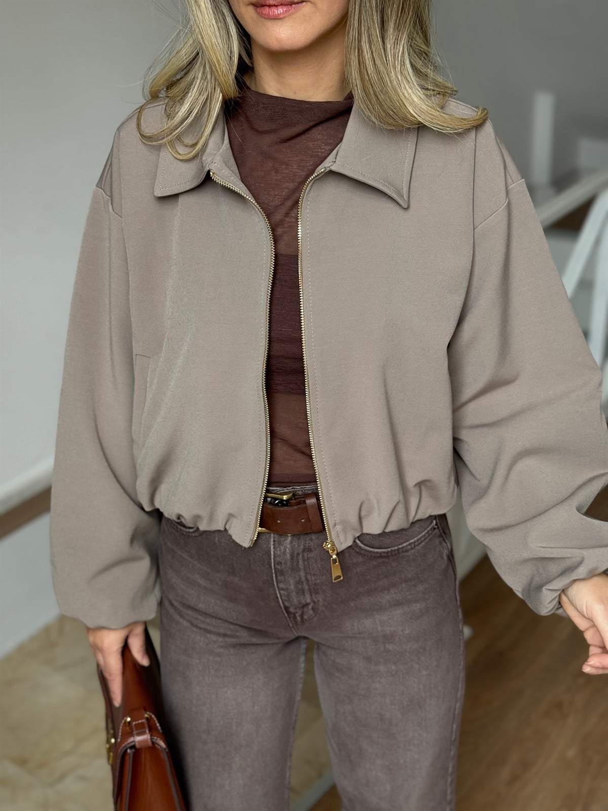 Gold Fermuarlı Bomber Ceket - Vizon