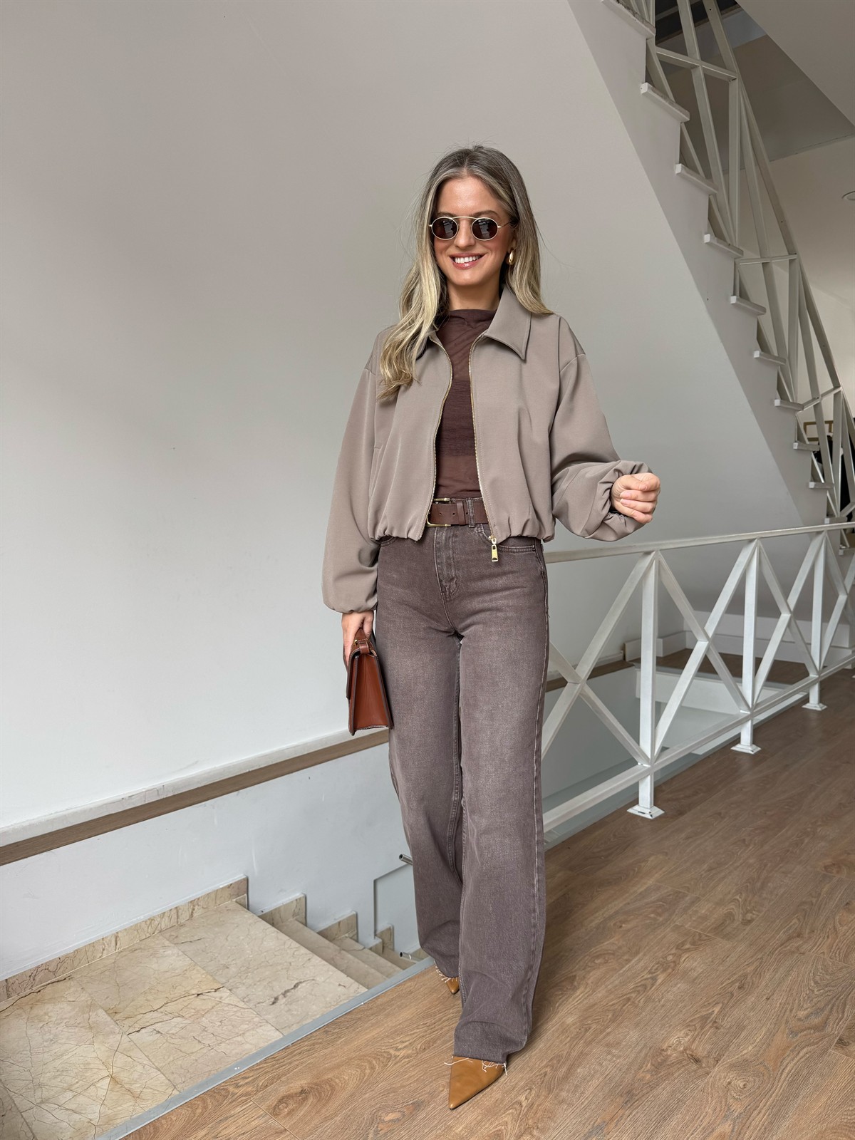 Gold Fermuarlı Bomber Ceket - Vizon