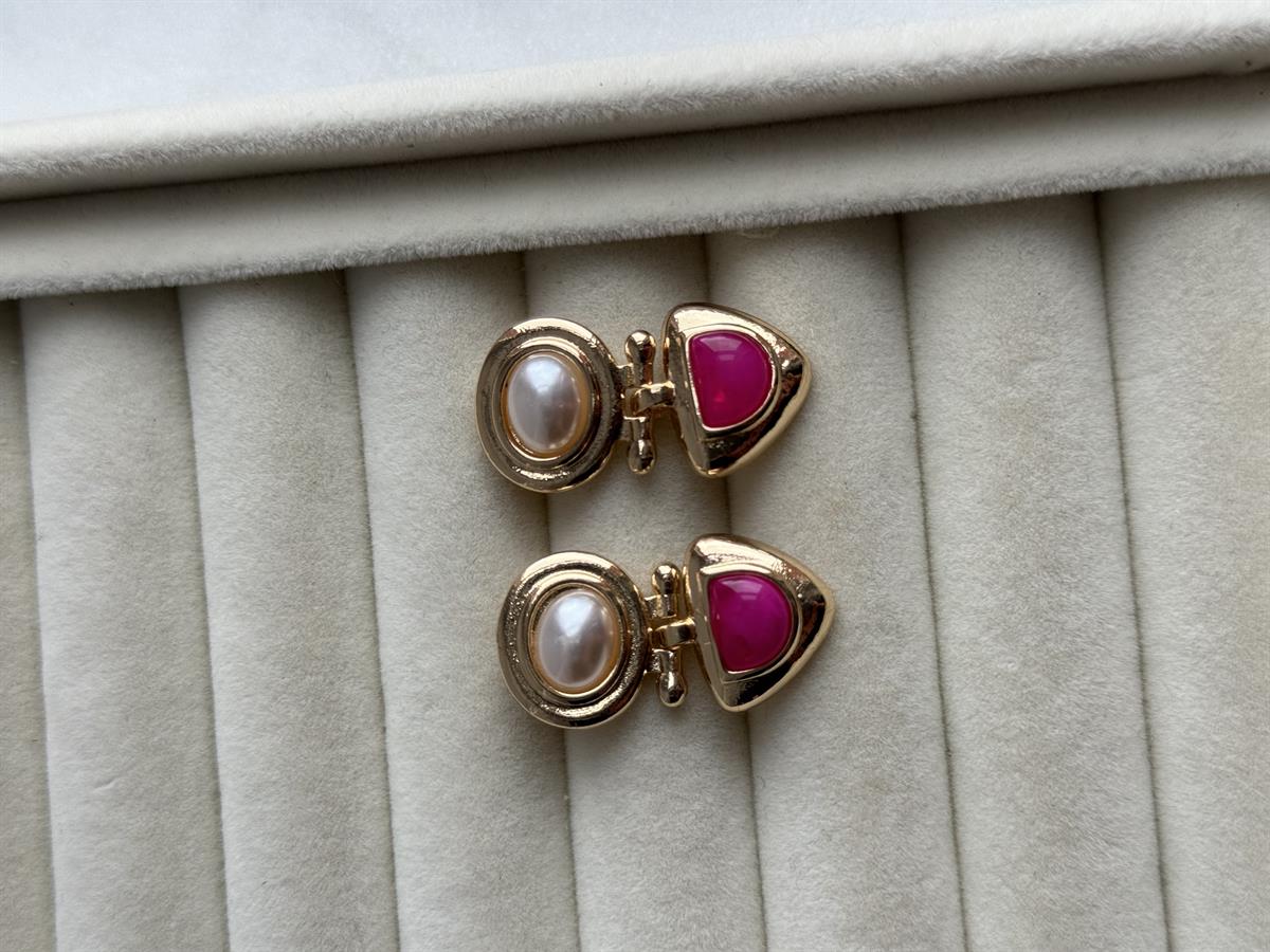Gold İnci Detay Pembe Taşlı Küpe 2,8cm