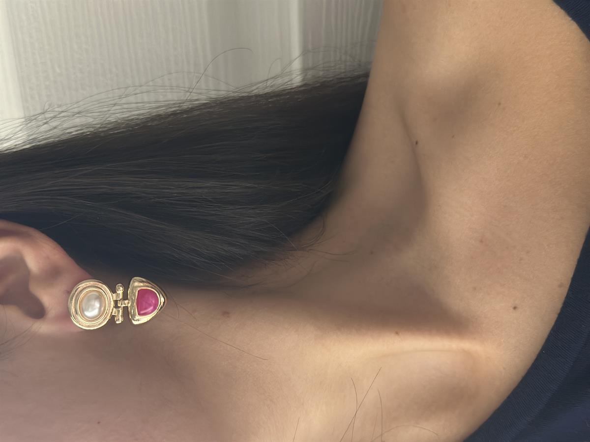 Gold İnci Detay Pembe Taşlı Küpe 2,8cm