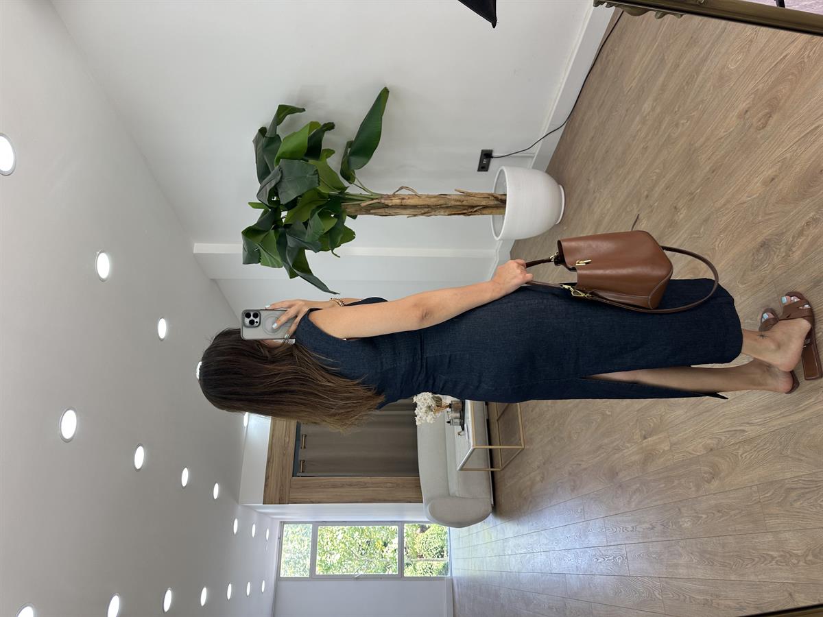 Gold Toka Detaylı Midi Denim Elbise 