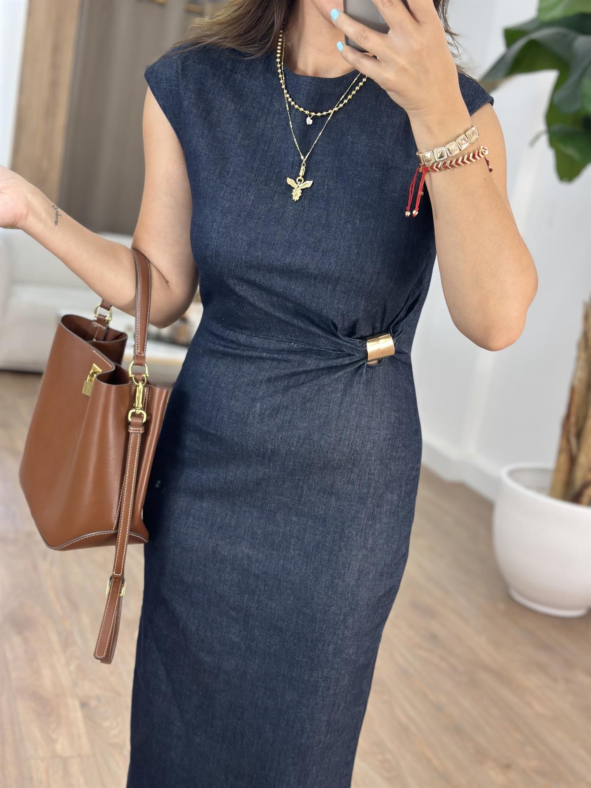 Gold Toka Detaylı Midi Denim Elbise 
