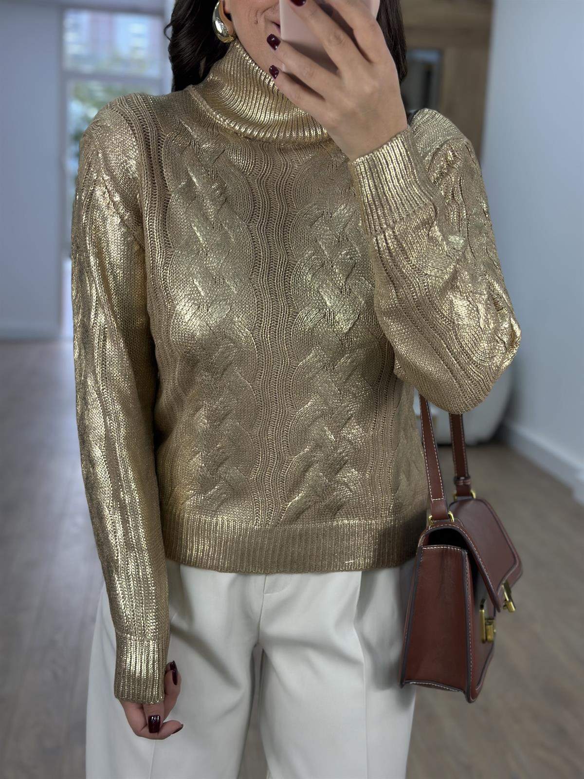 Gold Varaklı Balıkçı Yaka Kazak