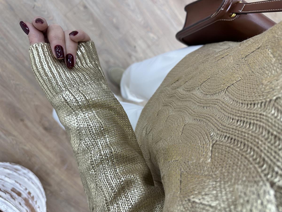 Gold Varaklı Balıkçı Yaka Kazak