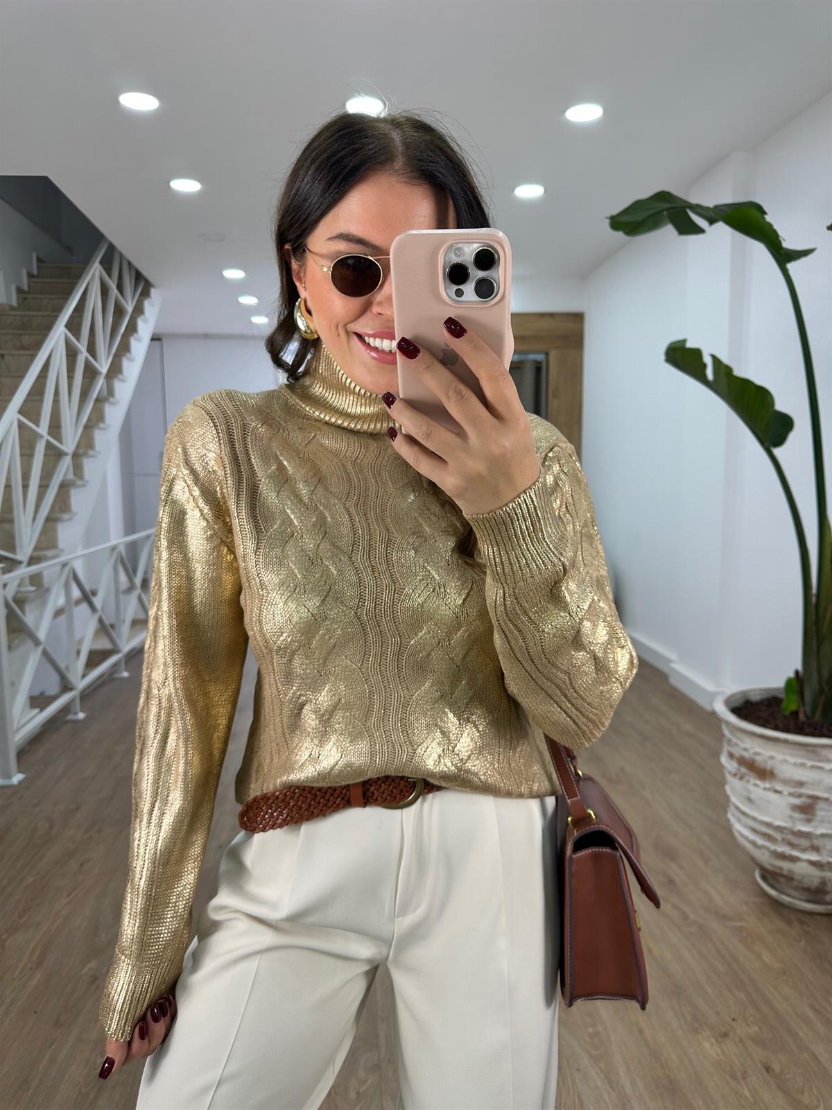 Gold Varaklı Balıkçı Yaka Kazak