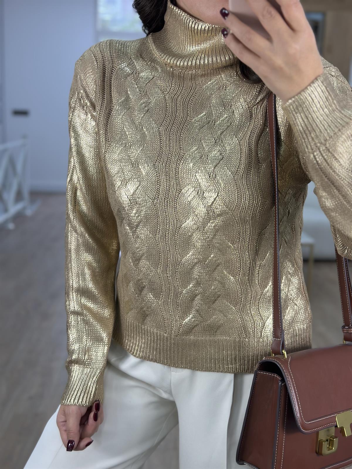 Gold Varaklı Balıkçı Yaka Kazak