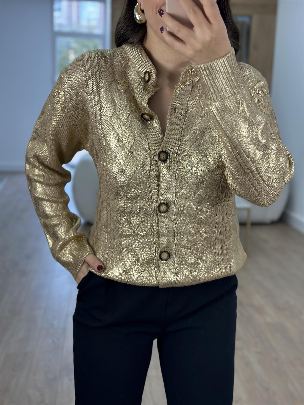 Gold Varaklı Düğmeli Hırka