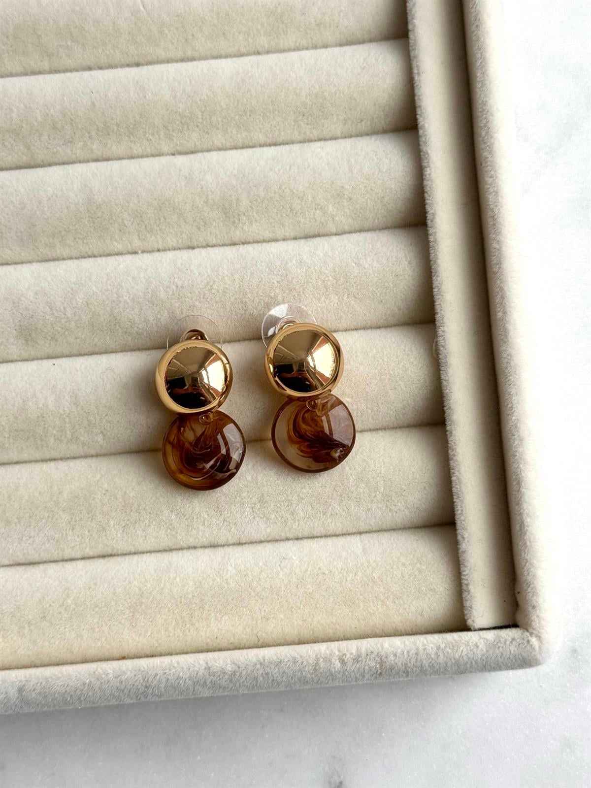 Gold ve Kahverengi Doğal Taş Görünüm Yuvarlak Top Küpe 2cm