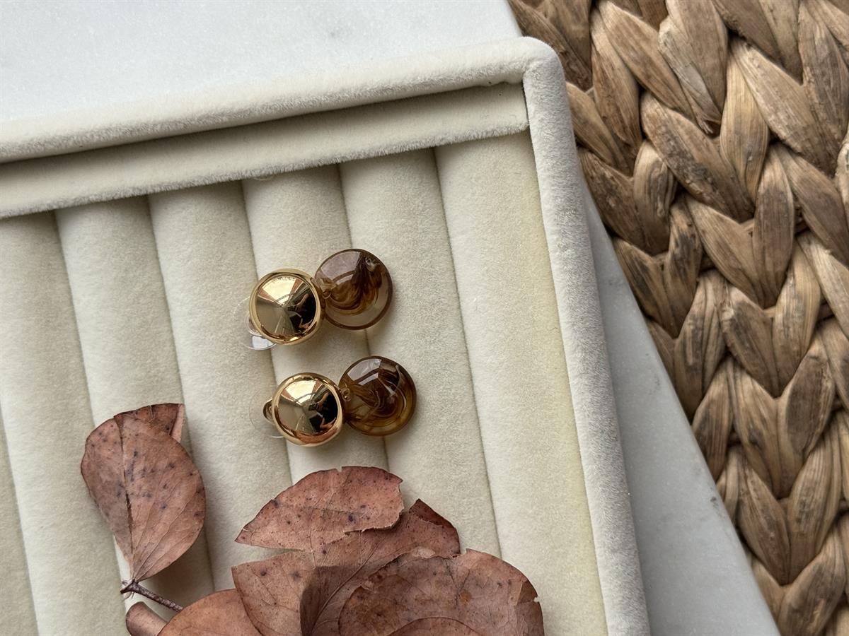 Gold ve Kahverengi Doğal Taş Görünüm Yuvarlak Top Küpe 2cm