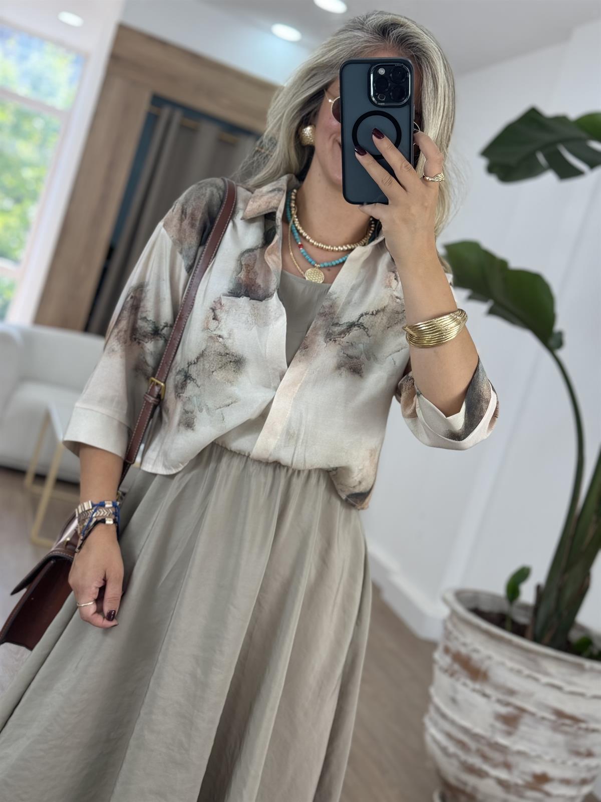 Gömlek Detaylı Beli Lastikli Tiril Elbise-Taş