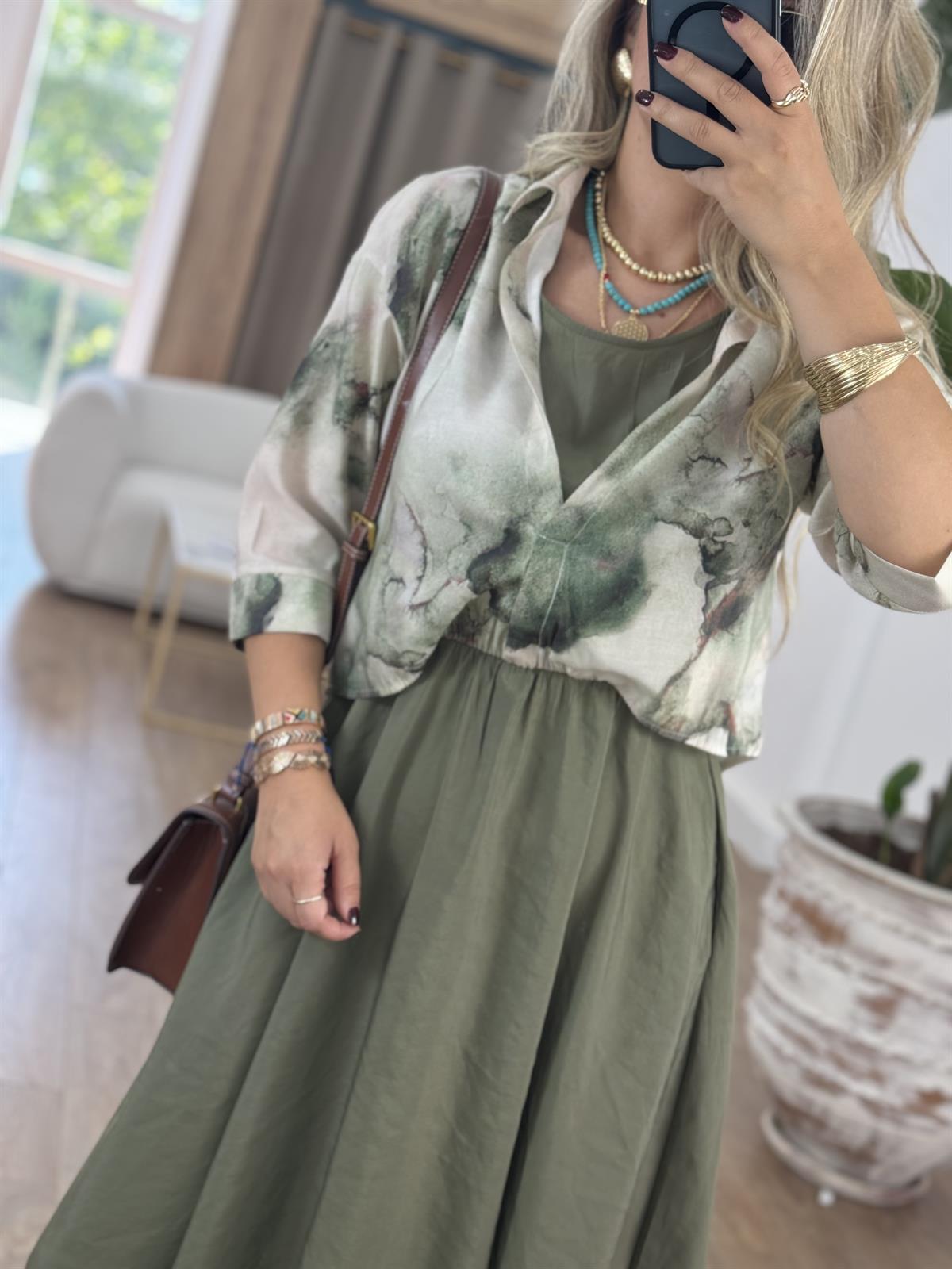 Gömlek Detaylı Beli Lastikli Tiril Elbise-Haki