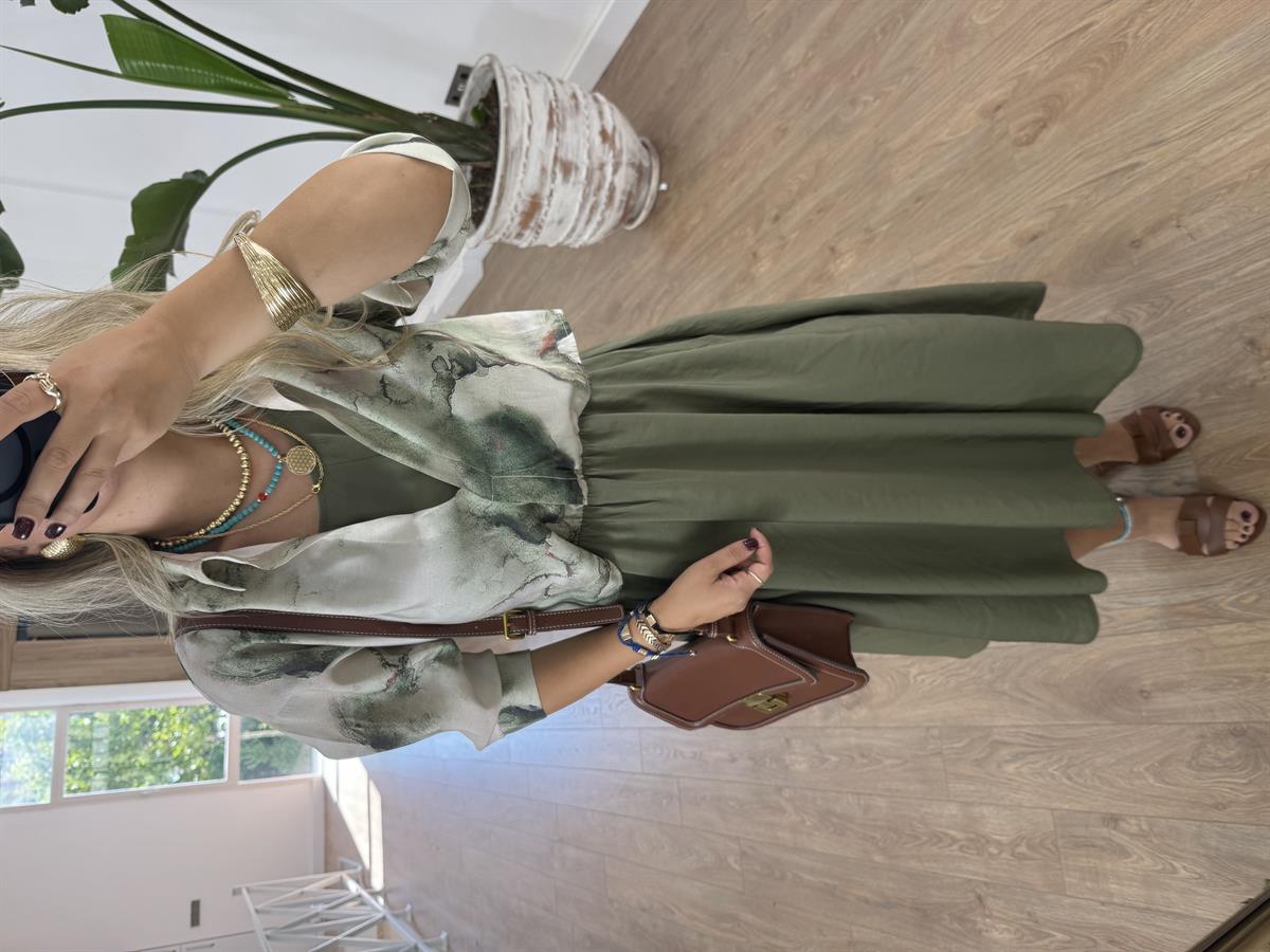 Gömlek Detaylı Beli Lastikli Tiril Elbise-Haki