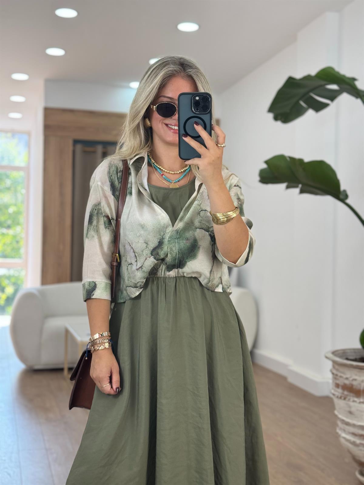 Gömlek Detaylı Beli Lastikli Tiril Elbise-Haki