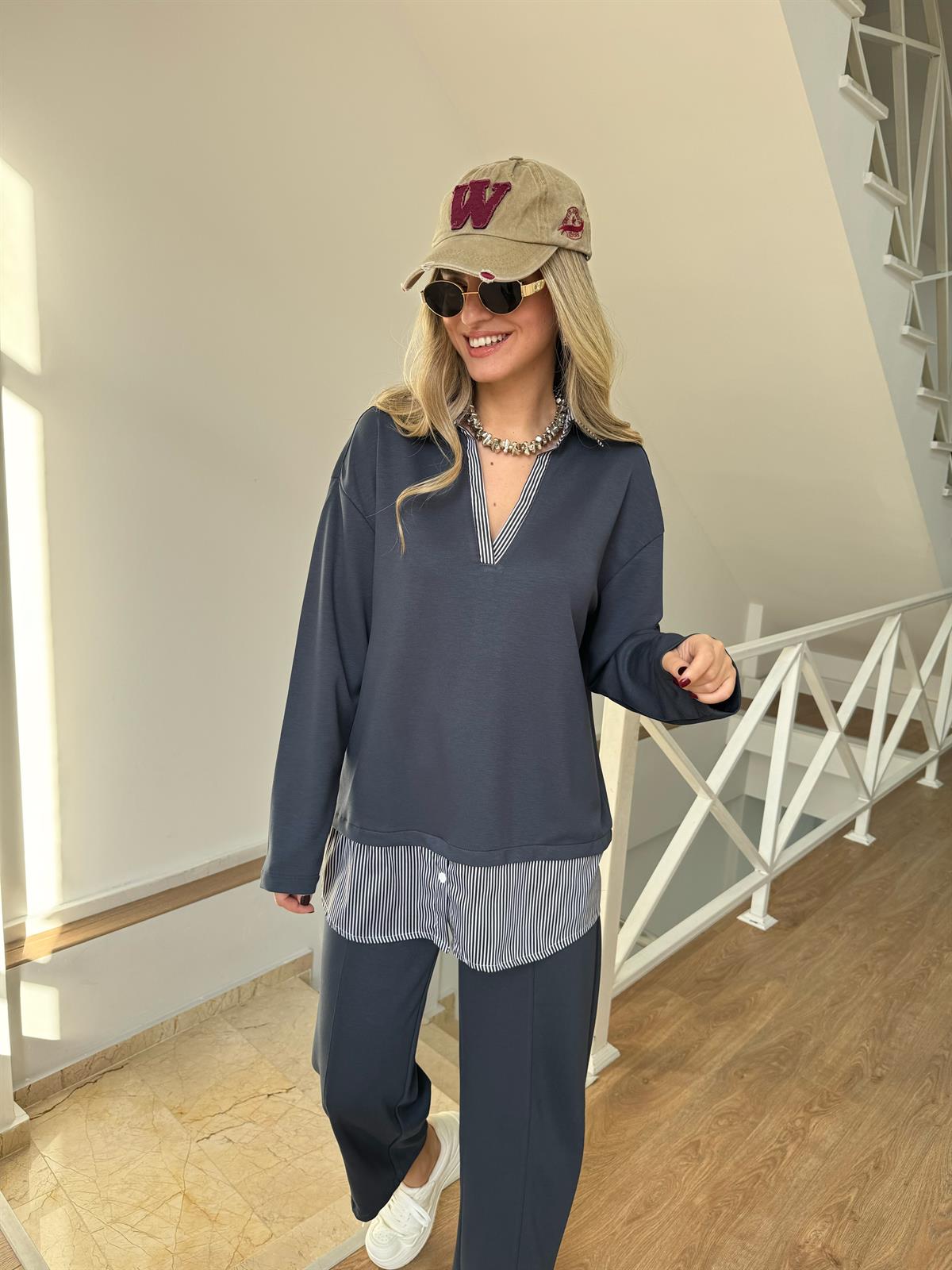 Gömlek Detaylı Modal Takım - Antrasit