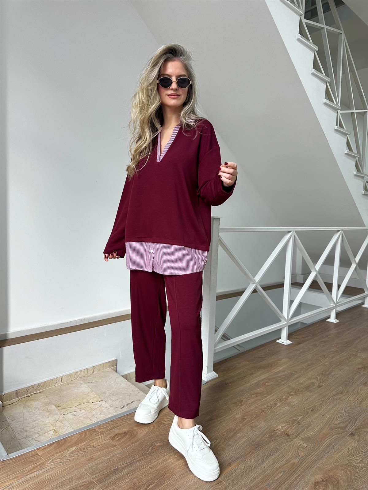 Gömlek Detaylı Modal Takım - Bordo