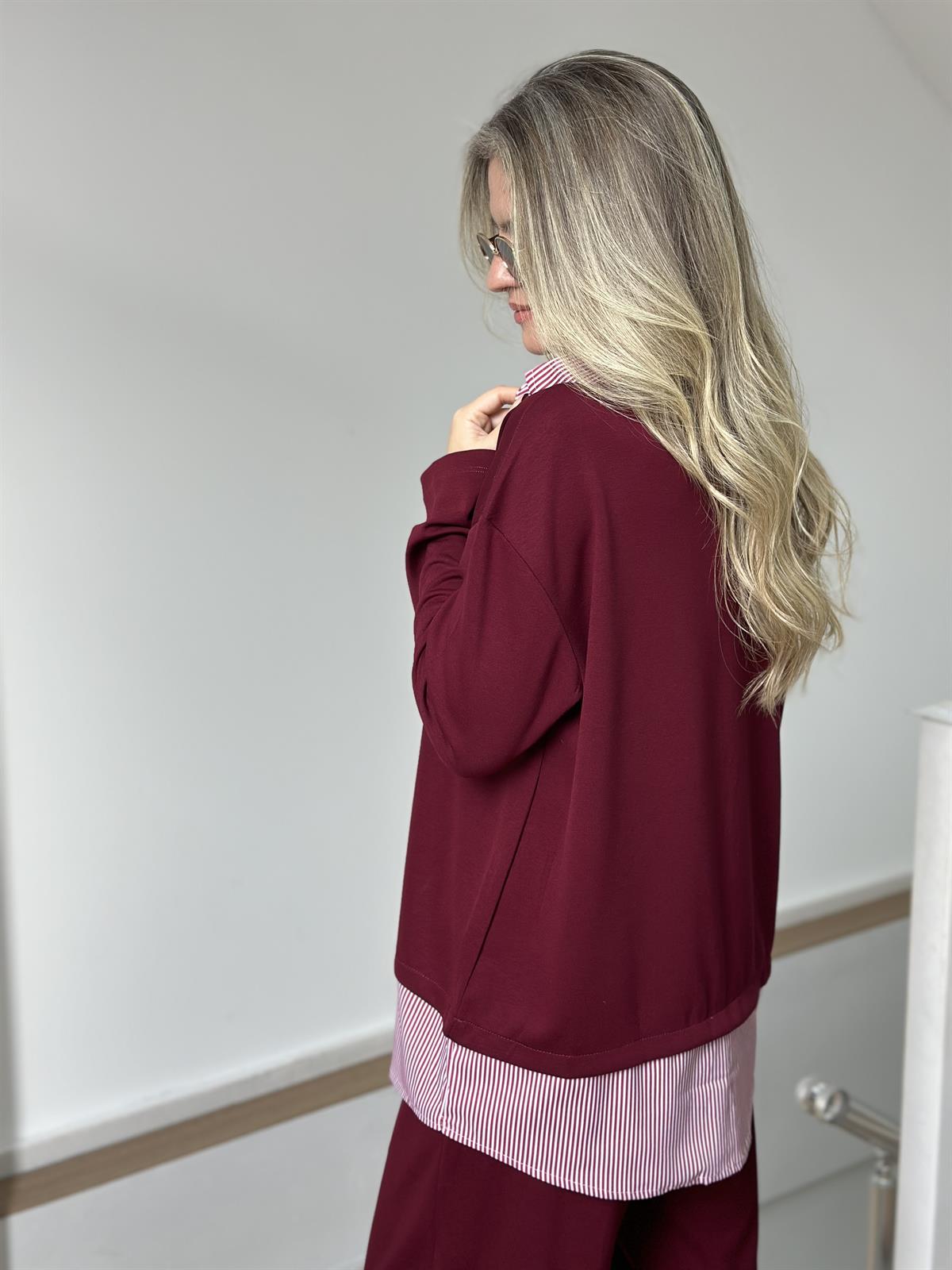 Gömlek Detaylı Modal Takım - Bordo