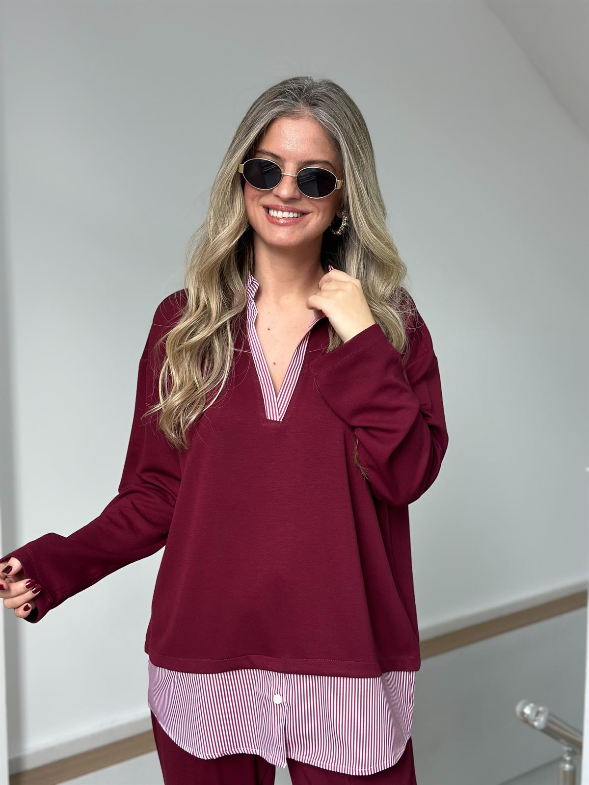 Gömlek Detaylı Modal Takım - Bordo