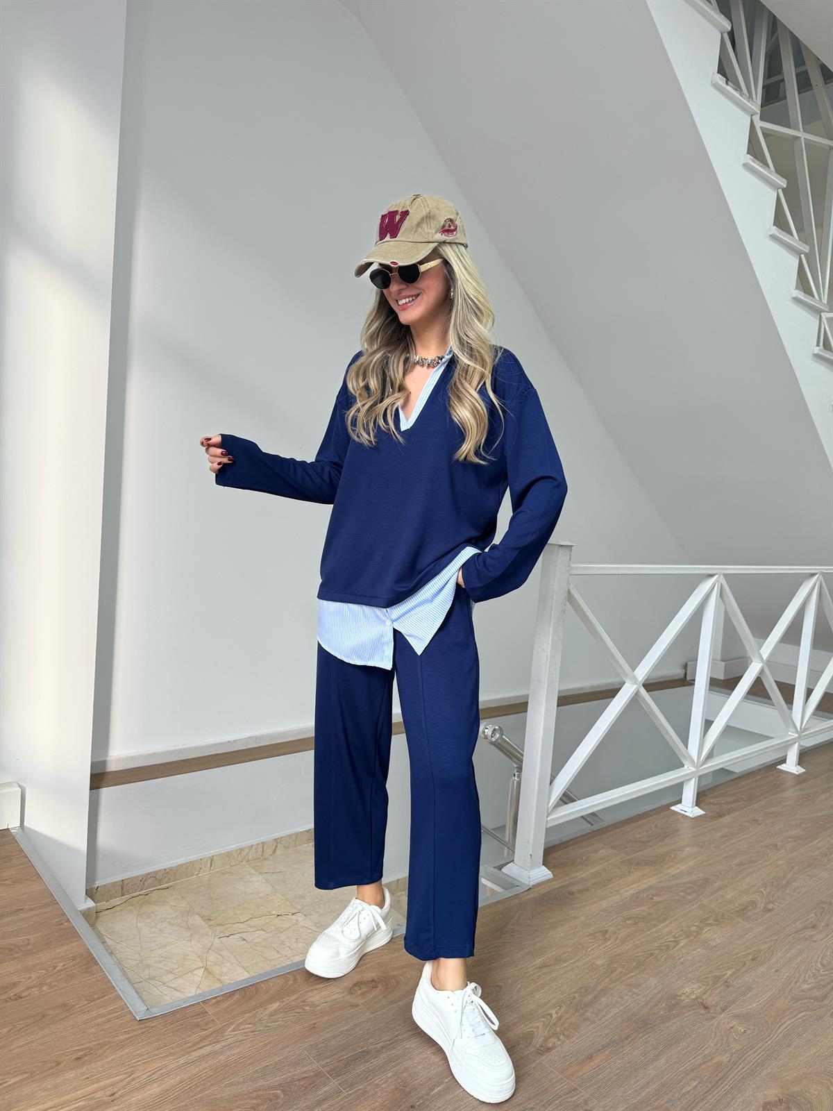 Gömlek Detaylı Modal Takım - Lacivert