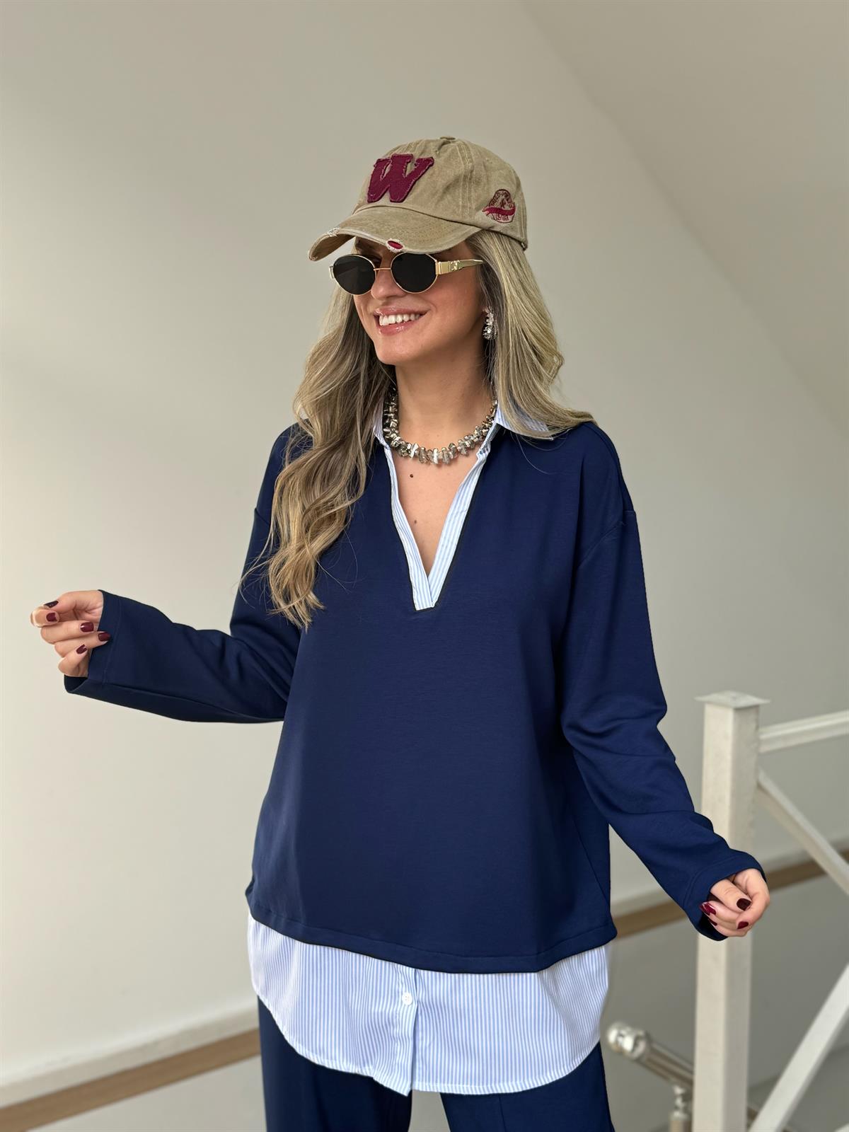 Gömlek Detaylı Modal Takım - Lacivert