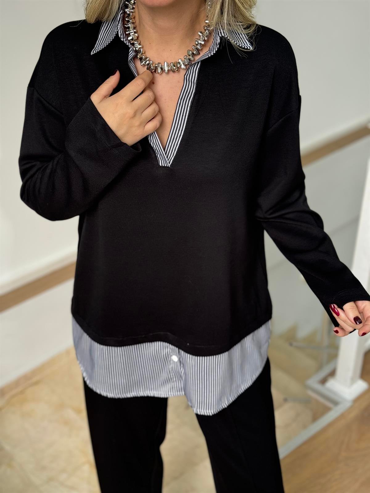 Gömlek Detaylı Modal Takım - Siyah