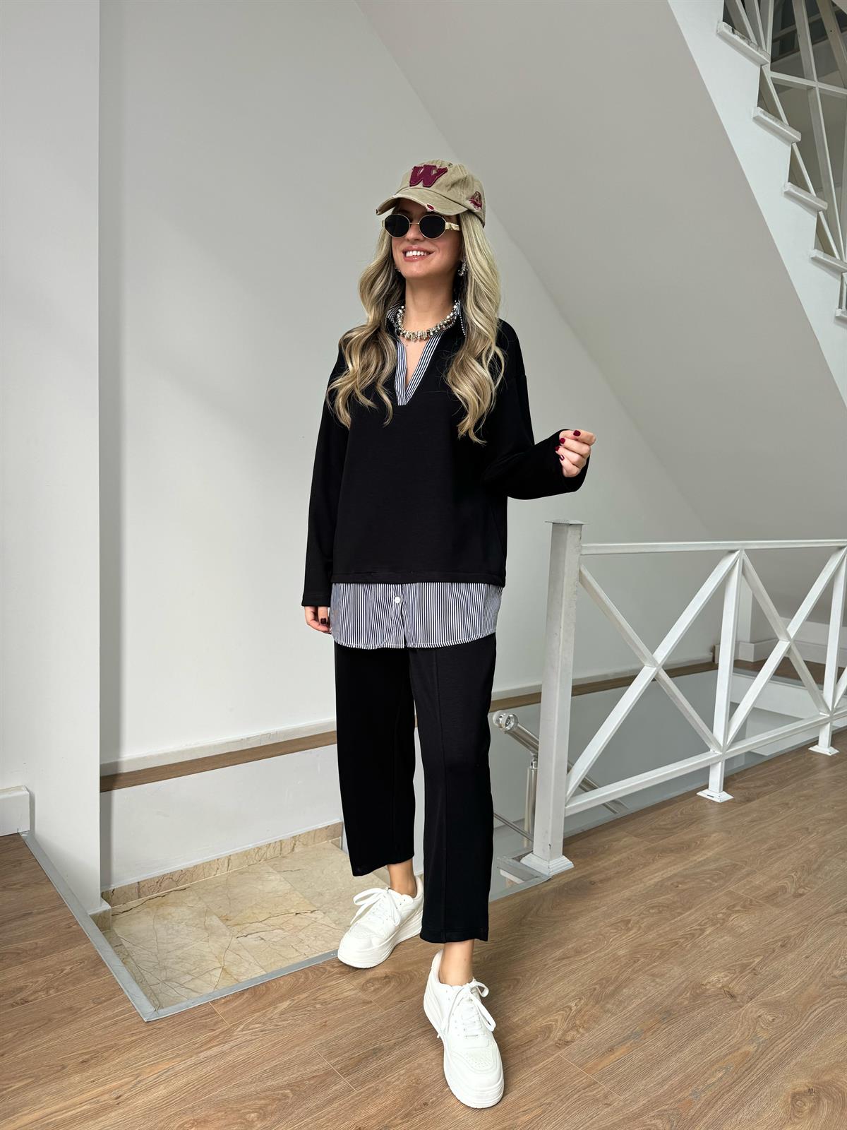 Gömlek Detaylı Modal Takım - Siyah