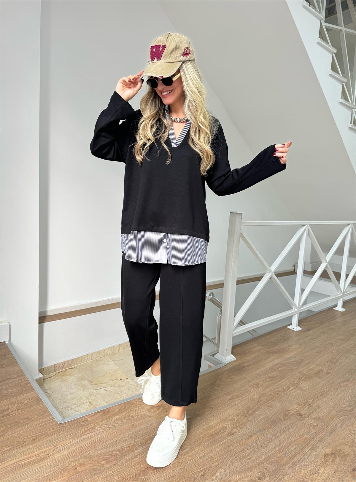 Gömlek Detaylı Modal Takım - Siyah