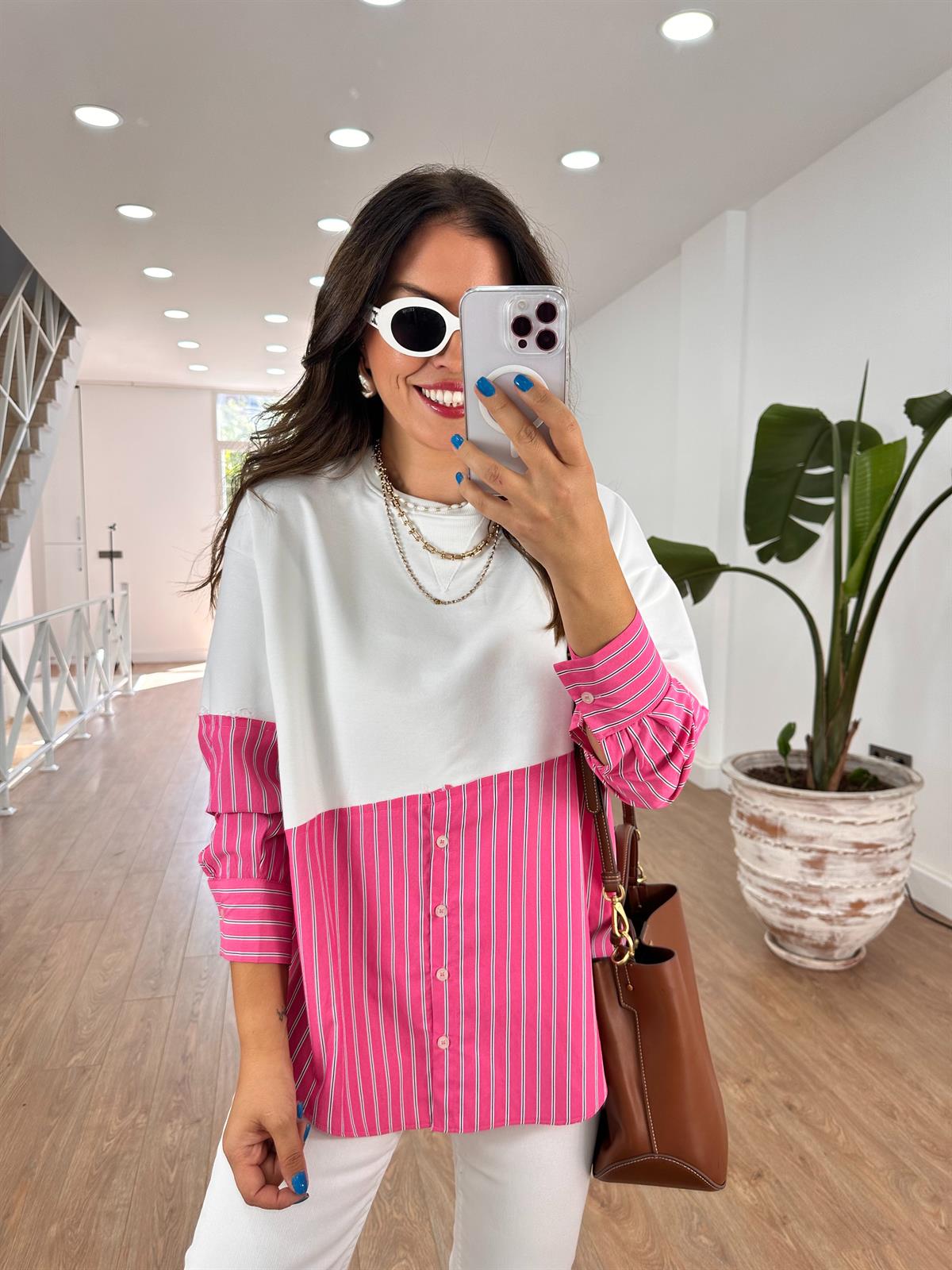 Gömlek Detaylı Sweatshirt - Fuşya