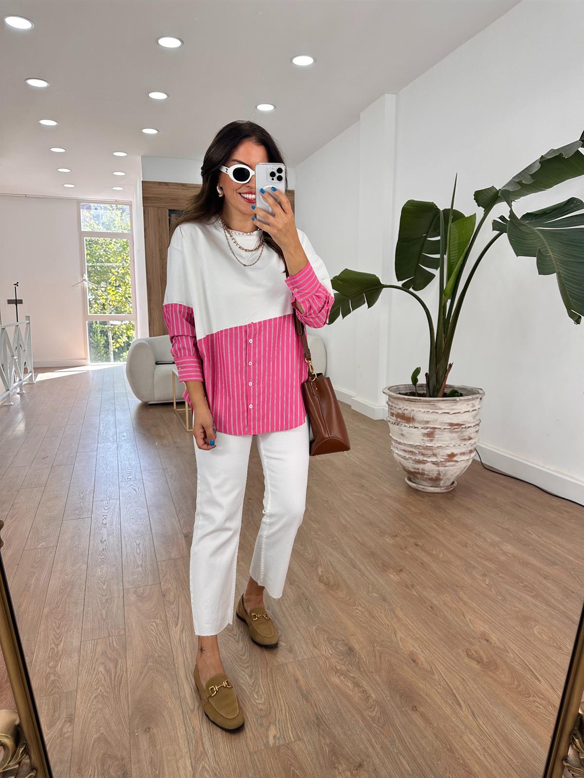 Gömlek Detaylı Sweatshirt - Fuşya