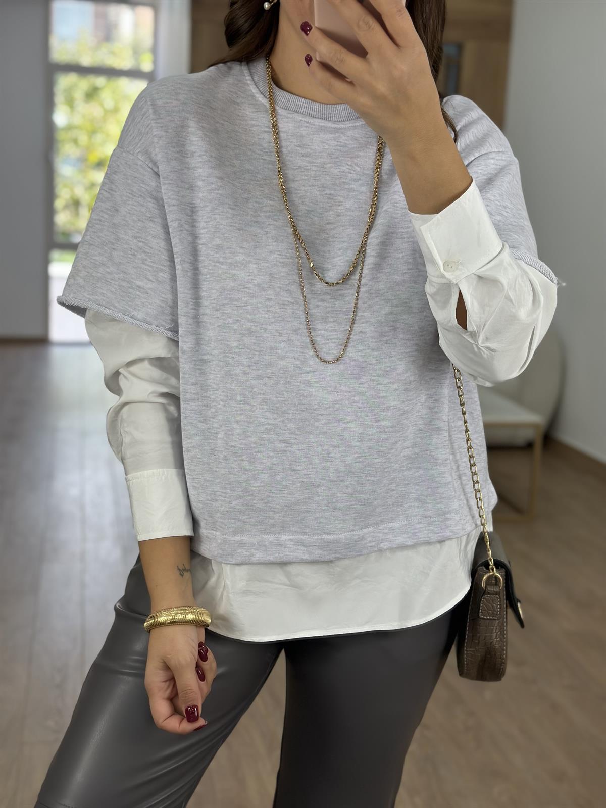 Gömlek Detaylı Sweatshirt-Gri