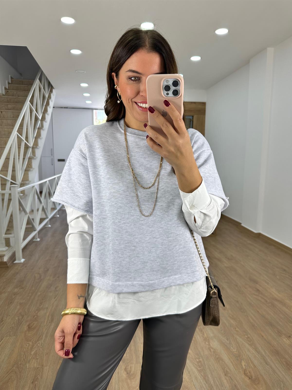 Gömlek Detaylı Sweatshirt-Gri